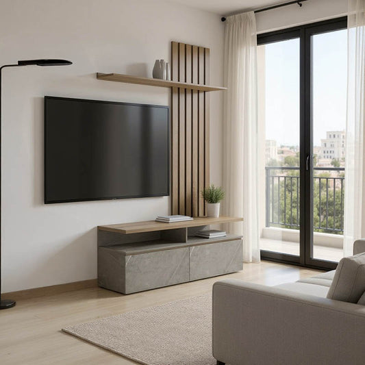 Σύνθετο Σαλονιού Perlento σε Μπεζ Μαρμάρου με Sonoma Απόχρωση 140x41x219.5