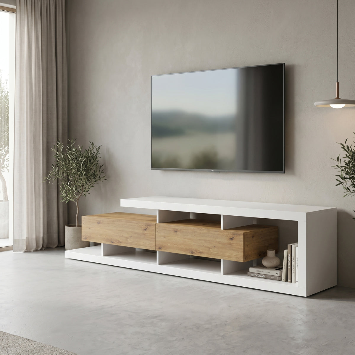 Έπιπλο Τηλεόρασης Arbero Λευκό-Oak 198x40x45