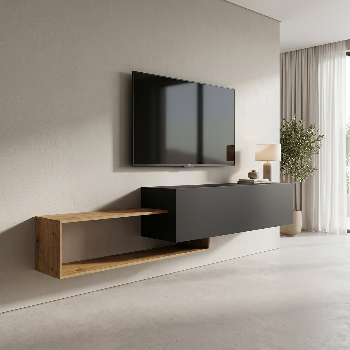 Έπιπλο Τηλεόρασης Επιτοίχιο Olande Oak-Μαύρο 210x35x48