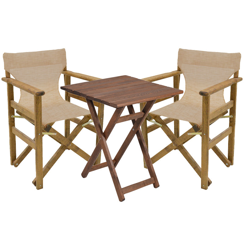 Retto Dining Table Set of 3 Pieces Solid Beech Wood Walnut-Beige-Ecru Fabric 60x60x71