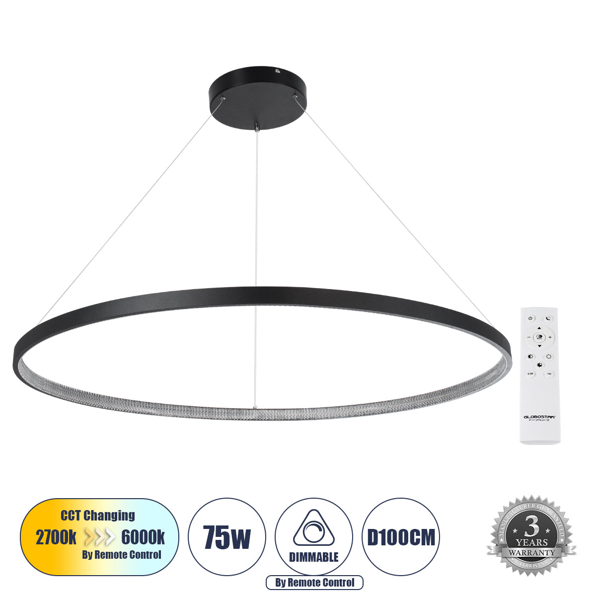 DIAMOND 61519 Κρεμαστό Φωτιστικό Δαχτυλίδι-Κύκλος LED CCT 75W 8400lm 360° AC 220-240V - Εναλλαγή Φωτισμού μέσω Τηλεχειριστηρίου All In One Ψυχρό 6000k+Φυσικό 4500k+Θερμό 2700k Dimmable Φ100cm - Μαύρο