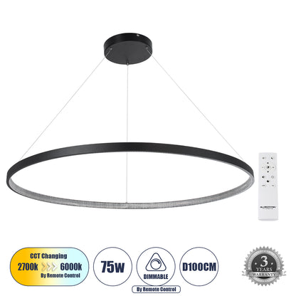 DIAMOND 61519 Κρεμαστό Φωτιστικό Δαχτυλίδι-Κύκλος LED CCT 75W 8400lm 360° AC 220-240V - Εναλλαγή Φωτισμού μέσω Τηλεχειριστηρίου All In One Ψυχρό 6000k+Φυσικό 4500k+Θερμό 2700k Dimmable Φ100cm - Μαύρο