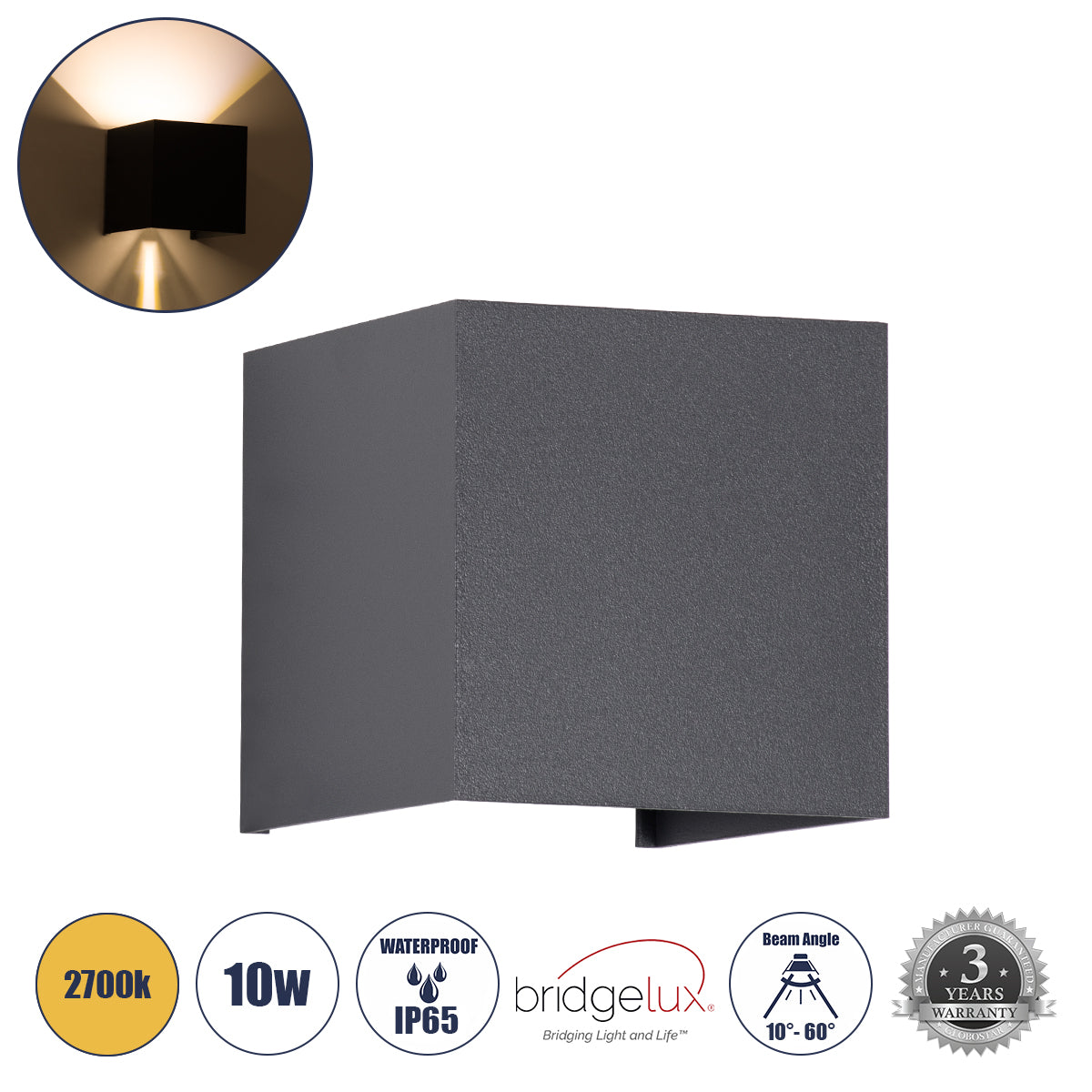 AXIS-S 60561 Μοντέρνο Φωτιστικό Τοίχου - Απλίκα LED 10W 1150lm 5°/60° AC 220-240V Αδιάβροχο IP65 Θερμό Λευκό 2700K - Bridgelux COB Chip & TÜV SÜD Driver - Γκρι Ανθρακί Ματ - Μ10 x Π10 x Υ10