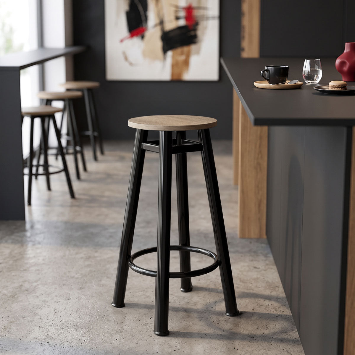 Σκαμπό Μπαρ Onyx Ξύλο Δρυς-Μέταλλο Μαύρο Gloss Φ33x77