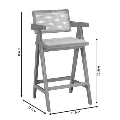 Σκαμπό Bar με Μπράτσα Winslow Ξύλο Rubberwood Ανοικτό Καρυδί-PVC Rattan Φυσικό-Ύφασμα Γκρι