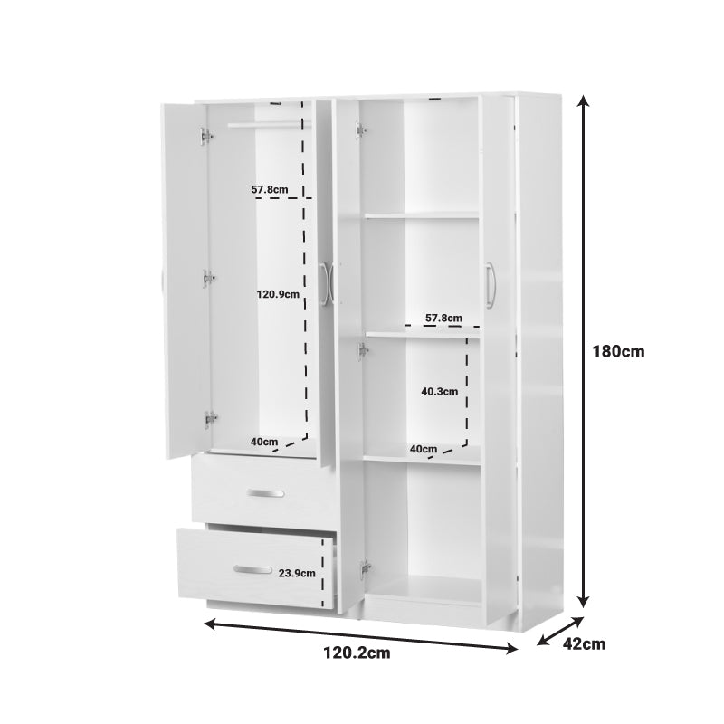    Ντουλάπα Ρούχων Τετράφυλλη Zelia με 2 Συρτάρια σε Λευκή Απόχρωση 120x42x180