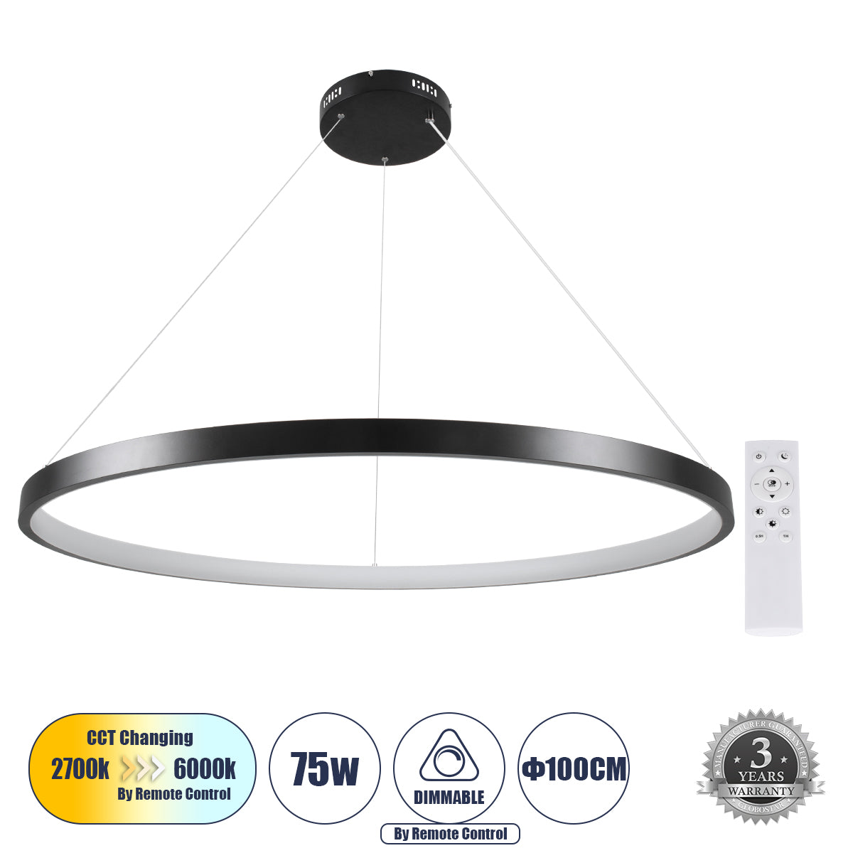 NEMESIS 61164 Κρεμαστό Φωτιστικό Δαχτυλίδι-Κύκλος LED CCT 75W 8743lm 360° AC 220-240V - Εναλλαγή Φωτισμού μέσω Τηλεχειριστηρίου All In One Ψυχρό 6000k+Φυσικό 4500k+Θερμό 2700k Dimmable Φ100cm - Μαύρο