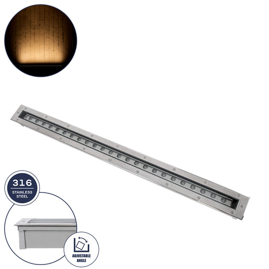 UNDERGROUND-PASSAGGIO 90196 Χωνευτό Φωτιστικό Wall Washer Δαπέδου LED 24W 2160lm 10° DC 24V Αδιάβροχο IP68 με Ρυθμιζόμενη Γωνία Φωτισμού L108 x W9 x H7.5cm Θερμό Λευκό 2700K - Ανοξείδωτο Ατσάλι