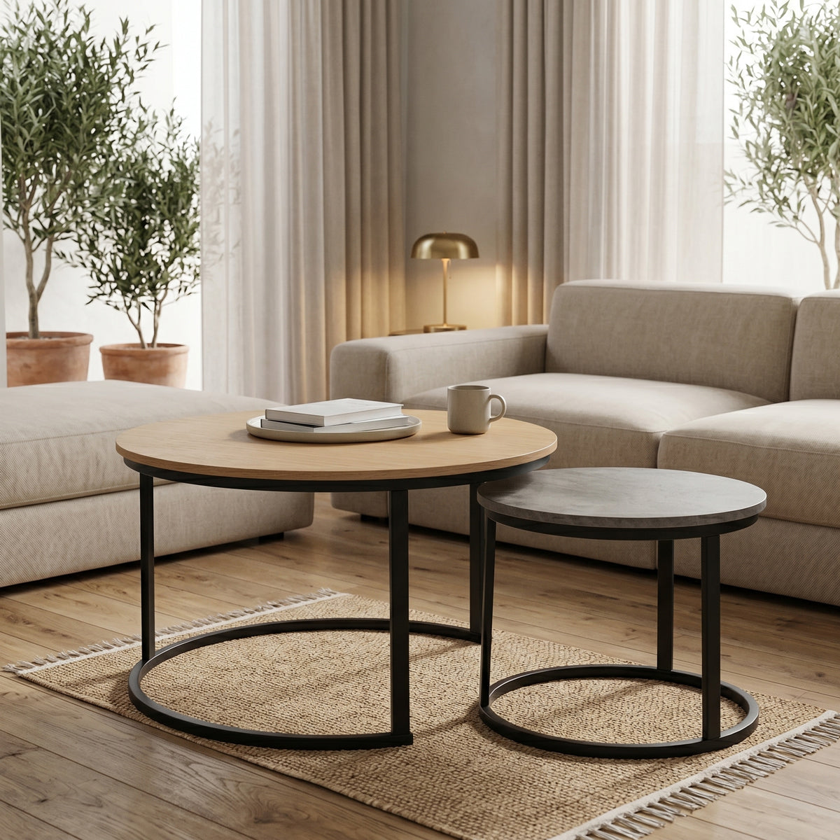 Solme I Coffee Tables Set of 2 Oak with Antique Grey and Black Metal Legs