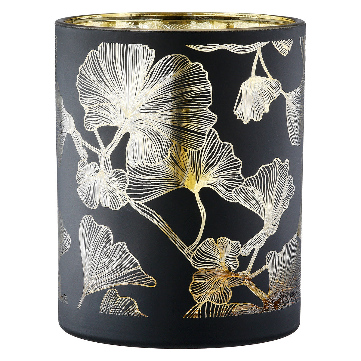 Φανάρι Καταιγίδας Cylindrical "Ginkgo" Ginkgo Motif Γυάλινο Μαύρο 7x7x18
