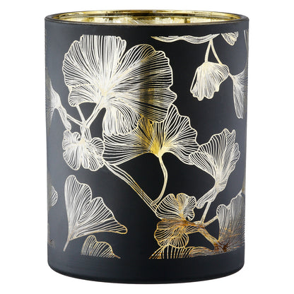 Φανάρι Καταιγίδας Cylindrical "Ginkgo" Ginkgo Motif Γυάλινο Μαύρο 7x7x18