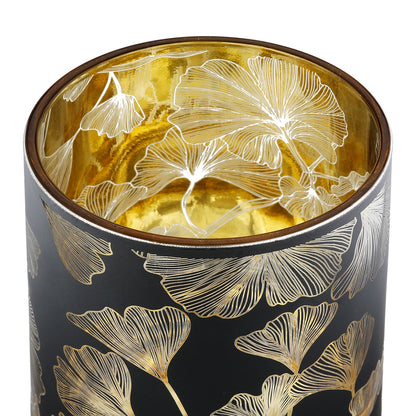 Φανάρι Καταιγίδας Cylindrical "Ginkgo" Ginkgo Motif Γυάλινο Μαύρο 7x7x18