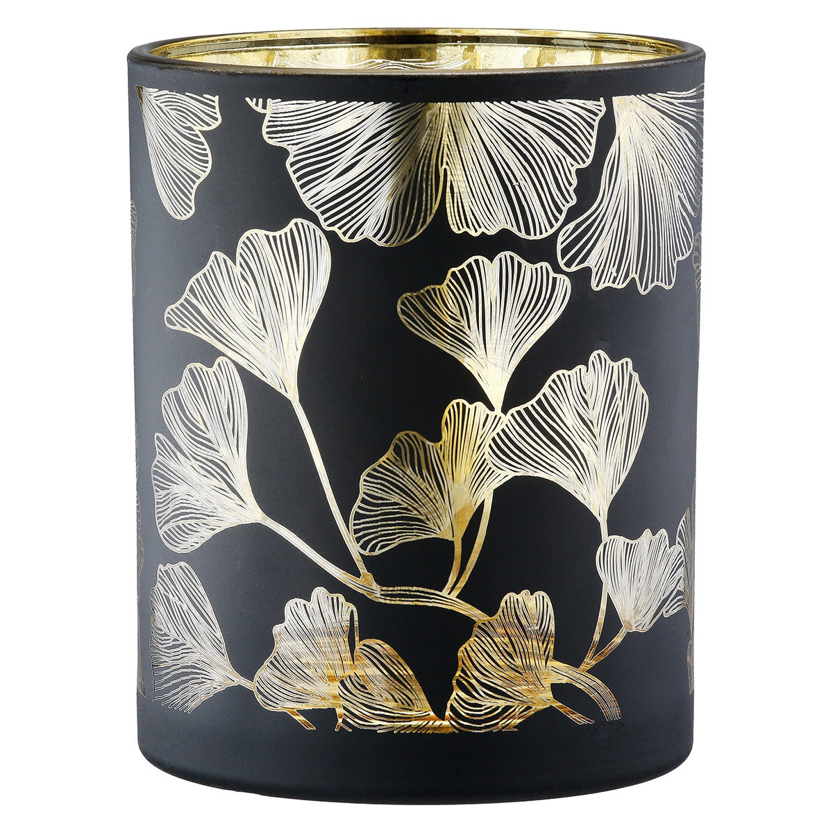 Φανάρι Καταιγίδας Cylindrical "Ginkgo" Ginkgo Motif Γυάλινο Μαύρο 7x7x18