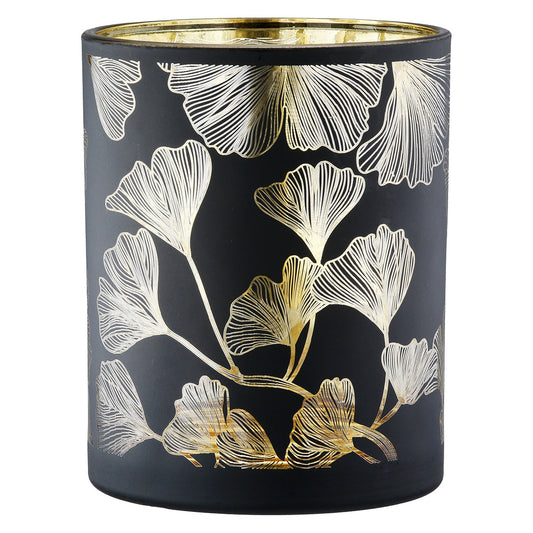 Φανάρι Καταιγίδας Cylindrical "Ginkgo" Ginkgo Motif Γυάλινο Μαύρο 7x7x18