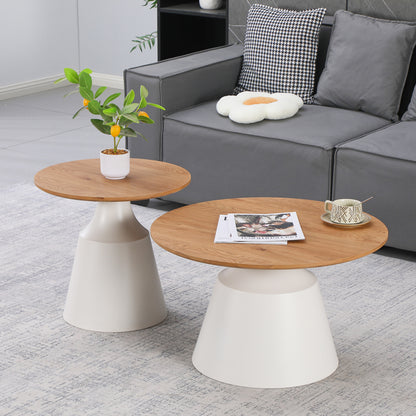 Parquet Living Room Tables Set of 2 Metal White - MDF in Natural Shade