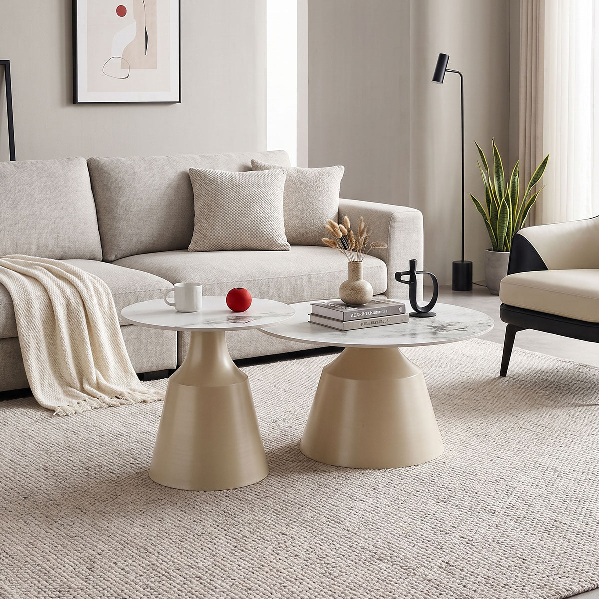 Τραπέζια Σαλονιού Sculpt Σετ 2 Τεμ Μέταλλο Cappuccino- Sintered Stone Λευκό Μαρμάρου