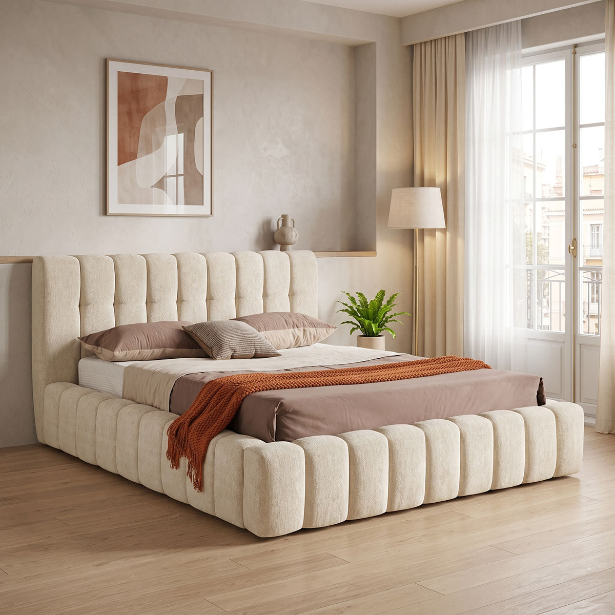 Vilou Double Bed with Storage Ecru Fabric 160x200cm