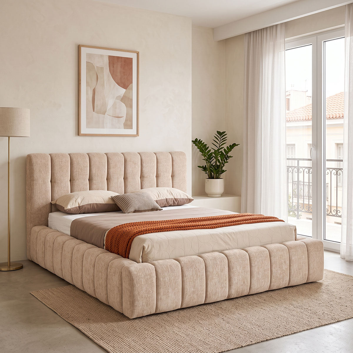 Vilou Double Bed with Storage Beige Fabric 160x200cm