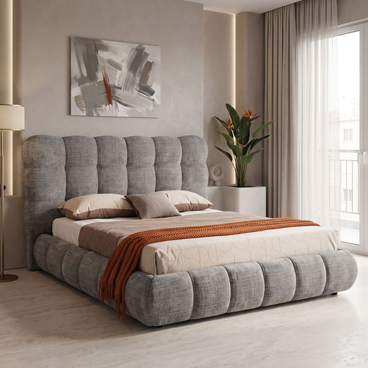 Abena Double Bed with Storage Grey Bouclé Fabric 160x200cm