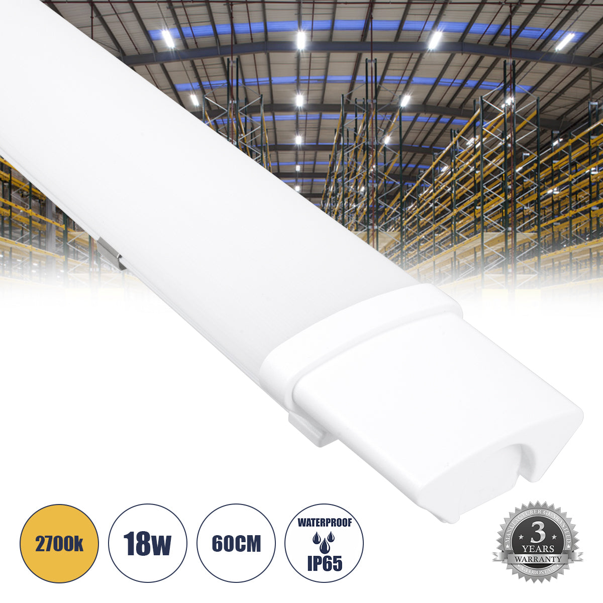 60163 LED Γραμμικό Βιομηχανικό Φωτιστικό Tri-Proof 60cm 18W 1936lm 120° AC 220-240V Αδιάβροχο IP65 Μ60 x Π6 x Υ4cm Θερμό Λευκό 2700K