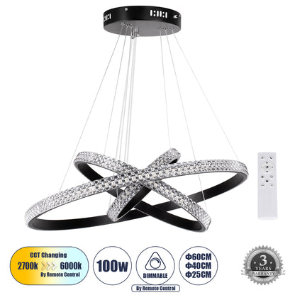 DIAMOND TRIO 61136-DECO Μοντέρνο Κρεμαστό Φωτιστικό Οροφής LED 100W 12123lm 360° AC 220-240V IP20 Ρυθμιζόμενο Λευκό CCT με Χειριστήριο από 2700K έως 6000K Dimmable - Lumileds SMD Chip - Μαύρο - Μ60 x Π60 x Υ90