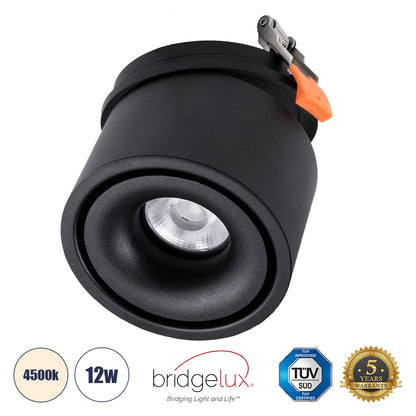 OMEGA-R 60296 Χωνευτό LED Spot Downlight TrimLess Φ10cm 12W 1560lm 36° AC 220-240V IP20 Φ10 x Υ8.2cm - Στρόγγυλο - Μαύρο - Φυσικό Λευκό 4500K - Bridgelux COB