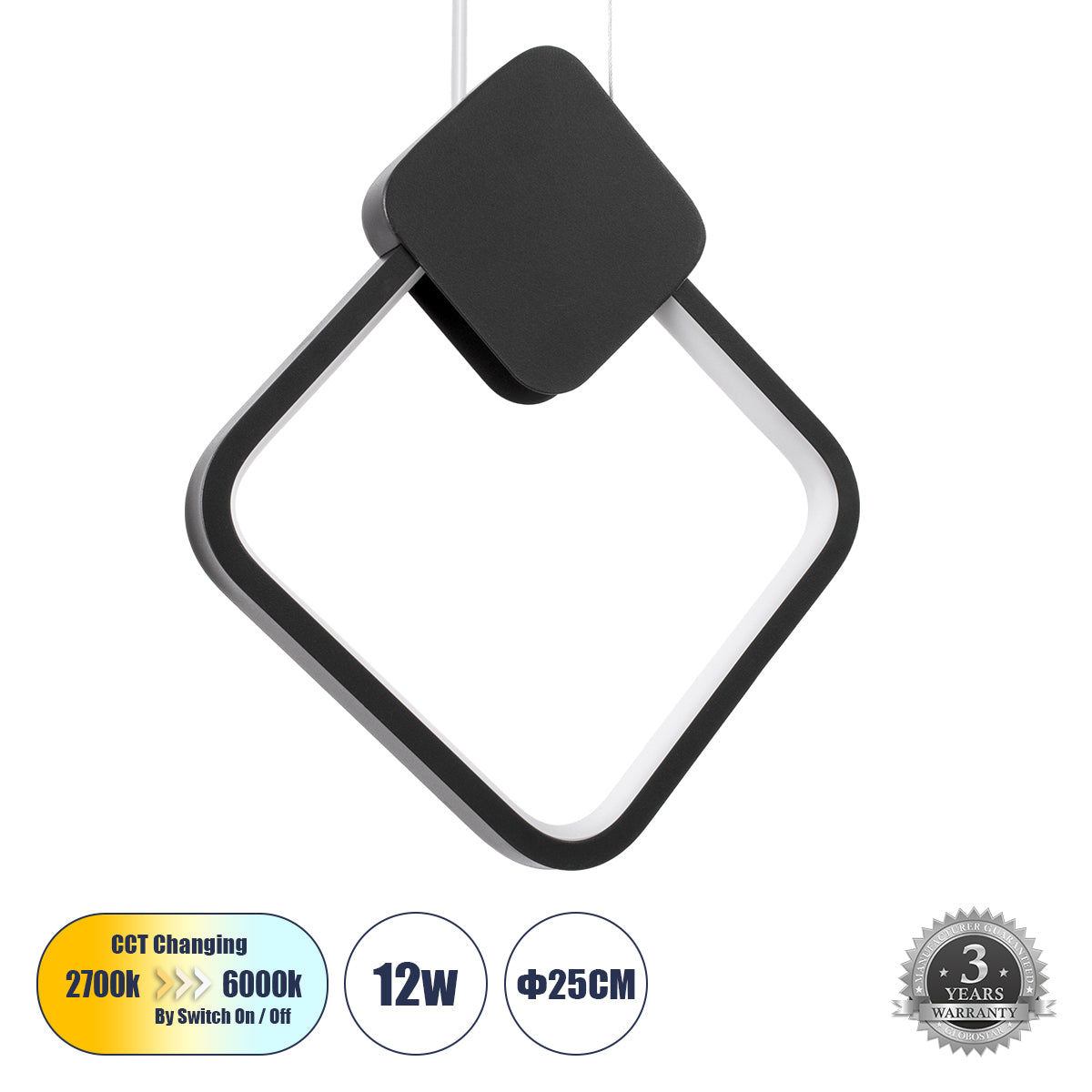 MARY 61082 Κρεμαστό Φωτιστικό Οροφής Design LED CCT 12W 1440lm 300° AC 220-240V - Εναλλαγή Φωτισμού μέσω Διακόπτη On/Off All In One Ψυχρό 6000k+Φυσικό 4500k+Θερμό 2700k Μ20 x Π2.3 x Υ28.5cm - Μαύρο