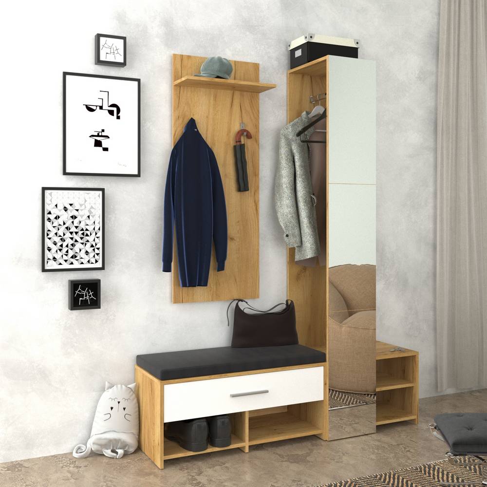 Σετ Εισόδου 3 Τεμ. Ruta με Καθρέπτη και Μαξιλάρι Χρυσός Δρυς με Λευκό 150x40x199