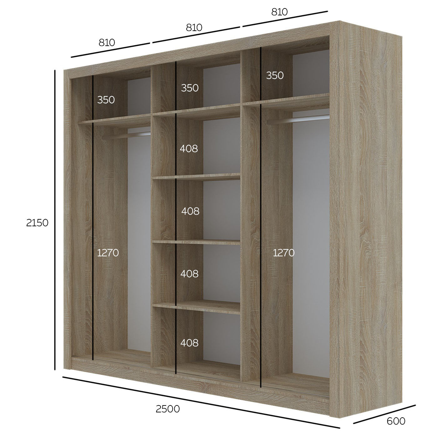 Ντουλάπα Grandio Σονόμα με Καθρέφτη 250x60x215