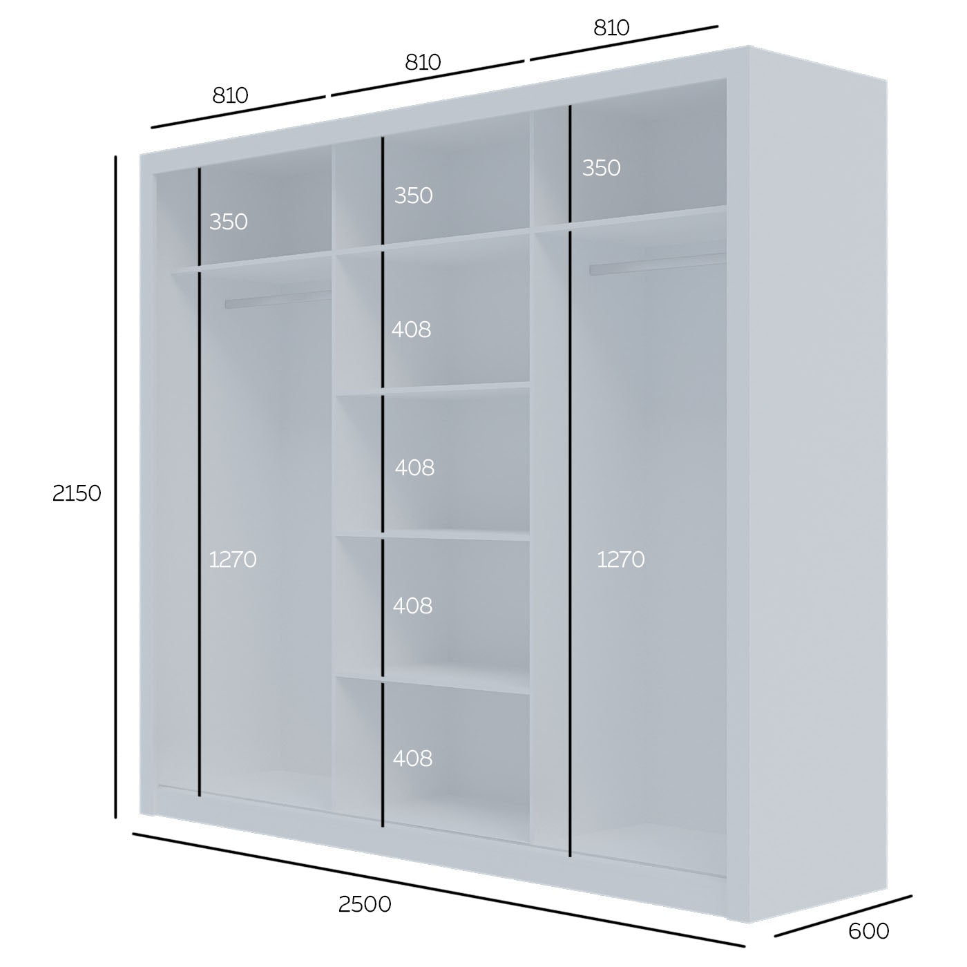 Ντουλάπα Grandio Λευκή με Καθρέφτη 250x60x215