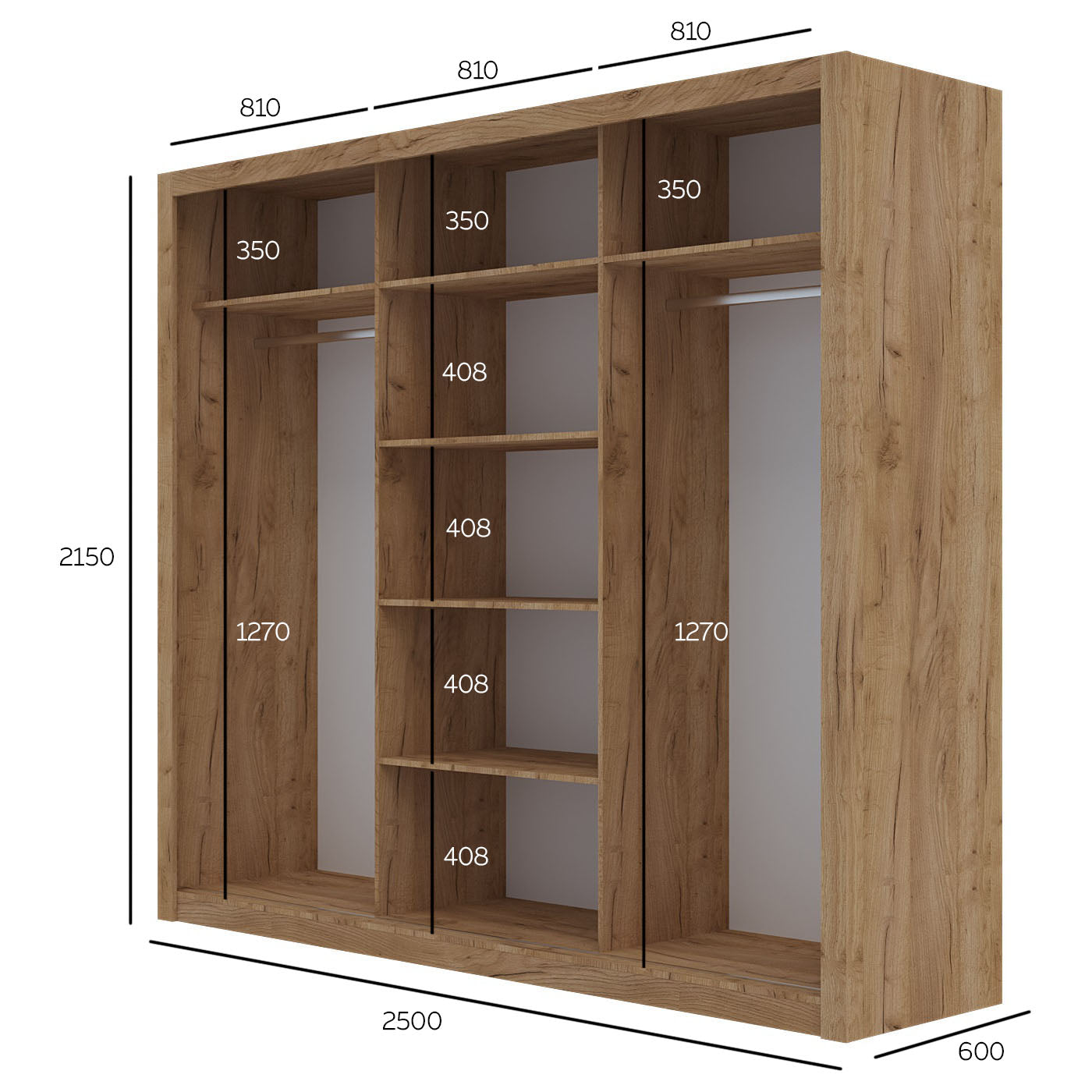 Ντουλάπα Grandio Χρυσό Δρυς με Καθρέφτη 250x60x215