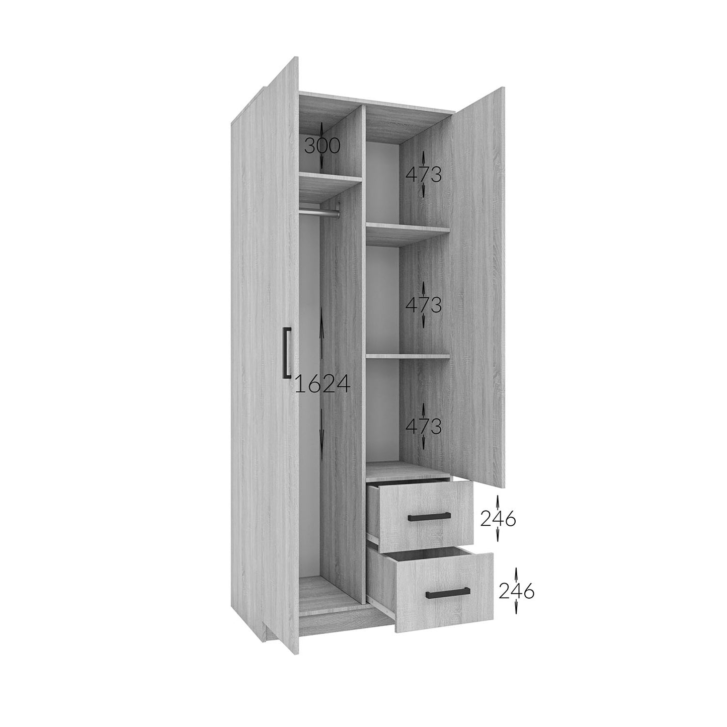 Ντουλάπα Δίφυλλη με Συρτάρια Simple Λευκή 80x52x205