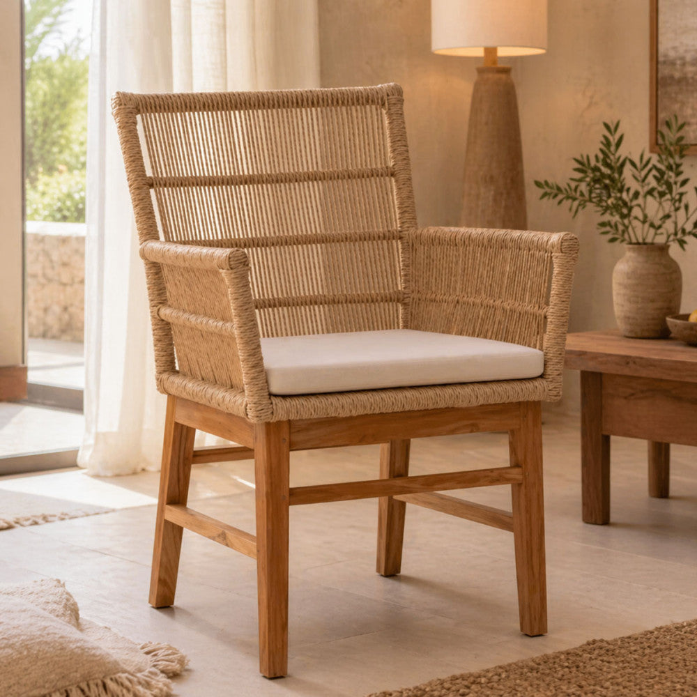 Πολυθρόνα Inca Teak Ξύλο και PE Σχοινί σε Φυσική-Μπεζ Απόχρωση με Μαξιλάρι 60x61x90