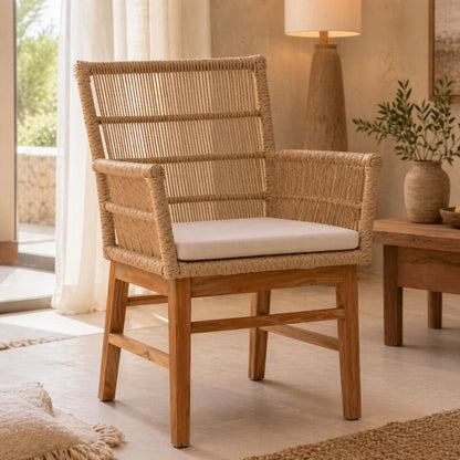 Πολυθρόνα Inca Teak Ξύλο και PE Σχοινί σε Φυσική-Μπεζ Απόχρωση με Μαξιλάρι 60x61x90