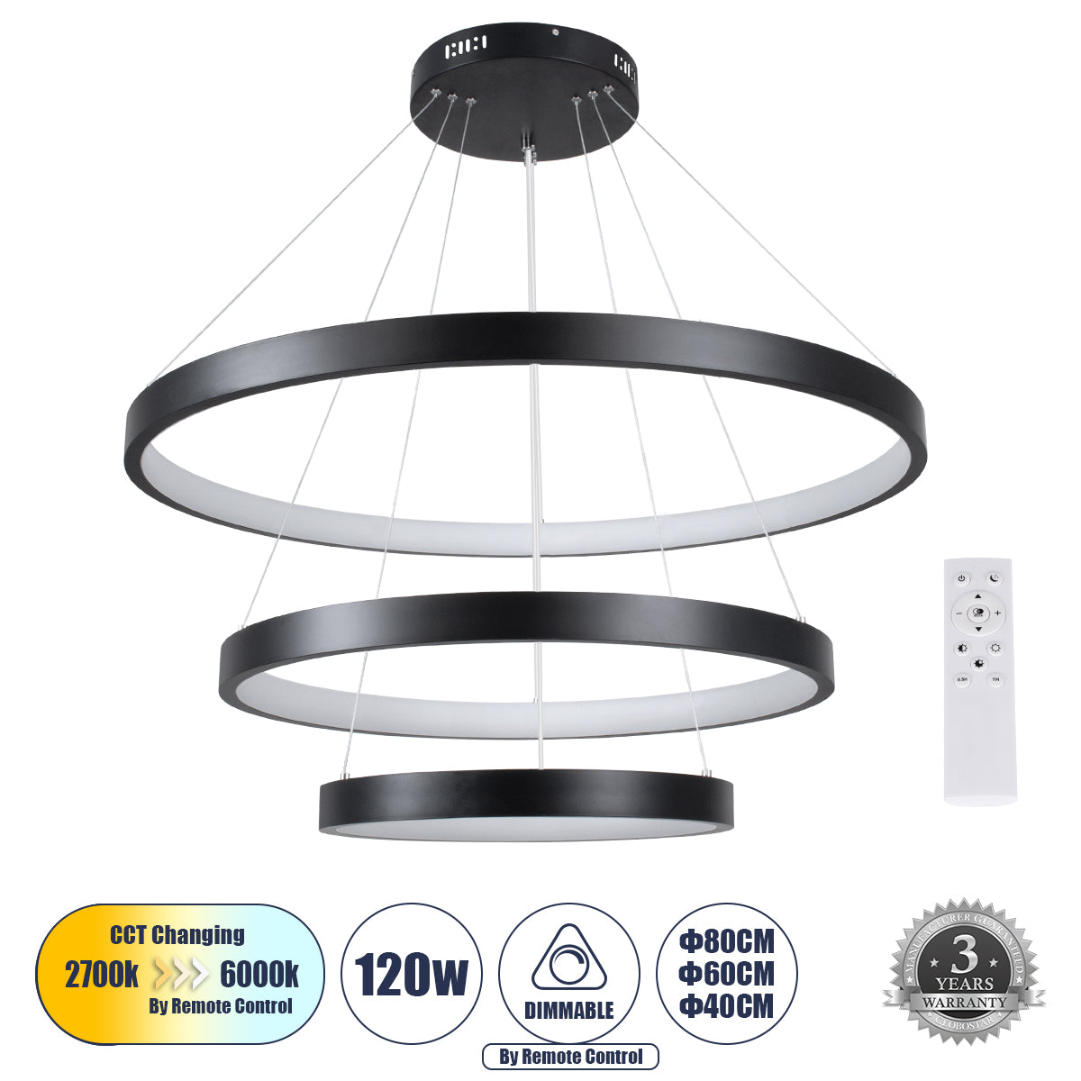 NEMESIS TRIO 61170 Μοντέρνο Κρεμαστό Φωτιστικό Οροφής LED 120W 14723lm 360° AC 220-240V IP20 Ρυθμιζόμενο Λευκό CCT με Χειριστήριο από 2700K έως 6000K Dimmable - Lumileds SMD Chip - Μαύρο Ματ - Μ80 x Π80 x Υ60