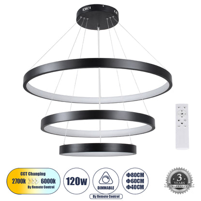 NEMESIS TRIO 61170 Μοντέρνο Κρεμαστό Φωτιστικό Οροφής LED 120W 14723lm 360° AC 220-240V IP20 Ρυθμιζόμενο Λευκό CCT με Χειριστήριο από 2700K έως 6000K Dimmable - Lumileds SMD Chip - Μαύρο Ματ - Μ80 x Π80 x Υ60