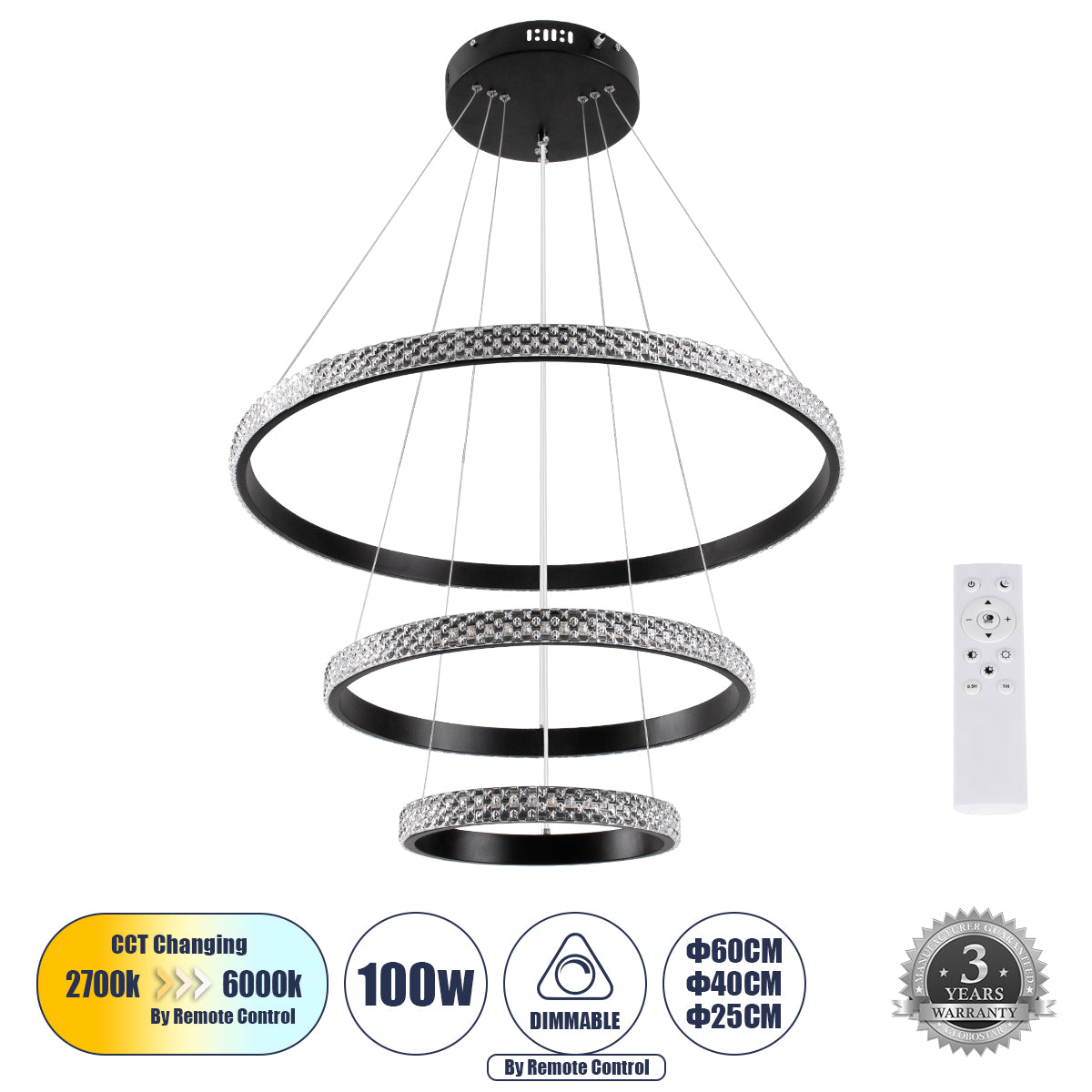 DIAMOND TRIO 61136 Μοντέρνο Κρεμαστό Φωτιστικό Οροφής LED 100W 12123lm 360° AC 220-240V IP20 Ρυθμιζόμενο Λευκό CCT με Χειριστήριο από 2700K έως 6000K Dimmable - Lumileds SMD Chip - Μαυρό Ματ - Μ60 x Π60 x Υ60