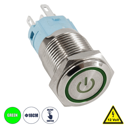 BUTTON 70782 Φωτιζόμενος Χωνευτός Διακόπτης On/Off LED DC 12V 1 x 3A 690W Max Αδιάβροχο IP65 Πράσινο - Μ1.8 x Π1.8 x Υ2
