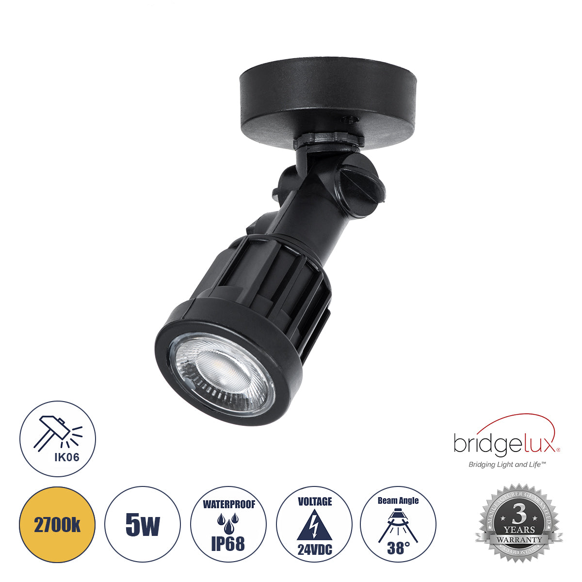 GARDENINI 61546 Επιφανειακό Φωτιστικό Σποτ Κήπου LED 5W 650lm 38° DC 24V IP68 Υψηλής Αντοχής ABS IK06 Φ7 x Υ14.5cm - Θερμό Λευκό 2700K Dimmable - Μαύρο - Bridgelux Chip - 3 Years Warranty