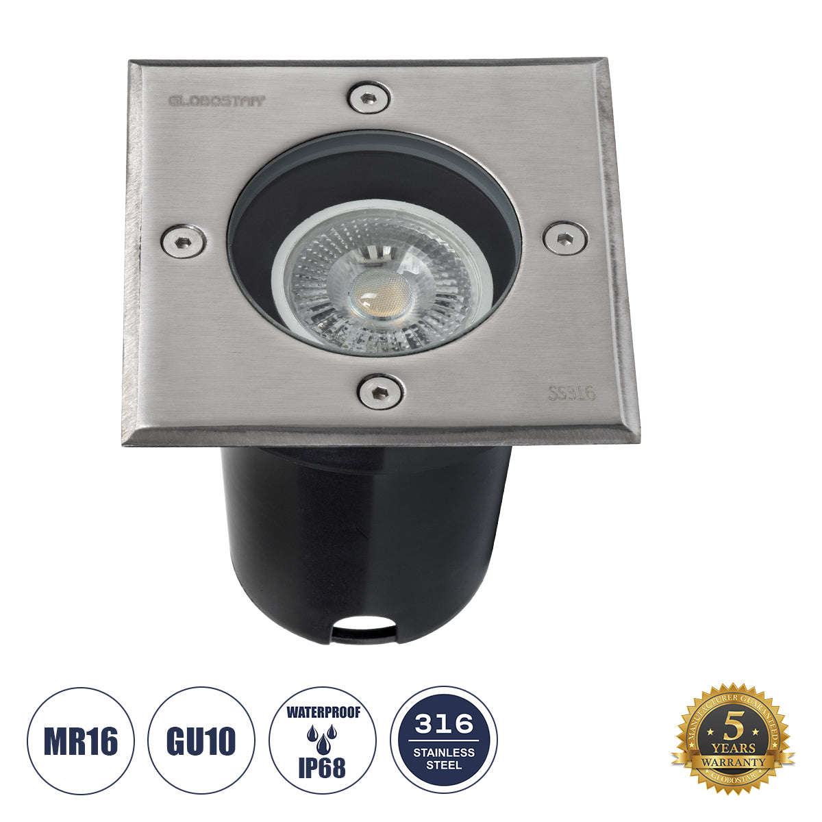 GIGO 60364 Χωνευτό Τετράγωνο Σποτ Δαπέδου για Λάμπα MR16 με Ντουί GU10 - Αδιάβροχο IP68 - IK09 - Ανοξείδωτο Ατσάλι / Stainless Steel 316 - Tempered Glass - Μ11 x Π11 x Υ11.5cm - Nickel Ματ