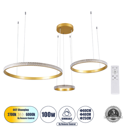DIAMOND TRIO 61143 Κρεμαστό Φωτιστικό Δαχτυλίδι-Κύκλος LED CCT 100W 12123lm 360° AC 220-240V - Εναλλαγή Φωτισμού μέσω Τηλεχειριστηρίου All In One Ψυχρό 6000k+Φυσικό 4500k+Θερμό 2700k Dimmable Φ25+40+60cm - Χρυσό Βούρτσας