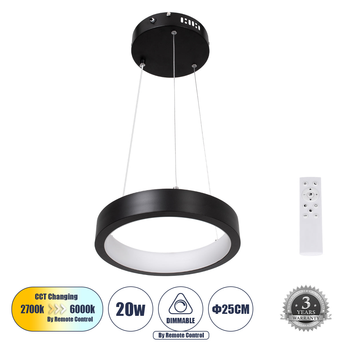 NEMESIS 61152 Κρεμαστό Φωτιστικό Δαχτυλίδι-Κύκλος LED CCT 20W 2356lm 360° AC 220-240V - Εναλλαγή Φωτισμού μέσω Τηλεχειριστηρίου All In One Ψυχρό 6000k+Φυσικό 4500k+Θερμό 2700k Dimmable Φ25cm - Μαύρο