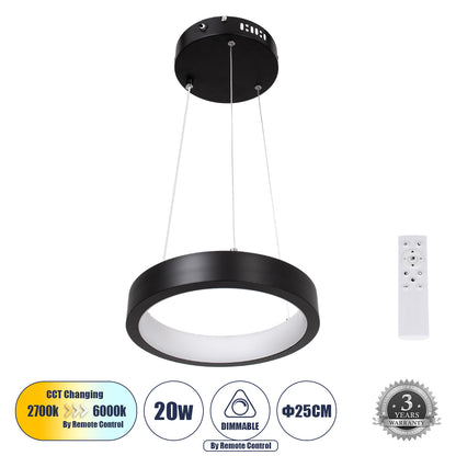 NEMESIS 61152 Κρεμαστό Φωτιστικό Δαχτυλίδι-Κύκλος LED CCT 20W 2356lm 360° AC 220-240V - Εναλλαγή Φωτισμού μέσω Τηλεχειριστηρίου All In One Ψυχρό 6000k+Φυσικό 4500k+Θερμό 2700k Dimmable Φ25cm - Μαύρο