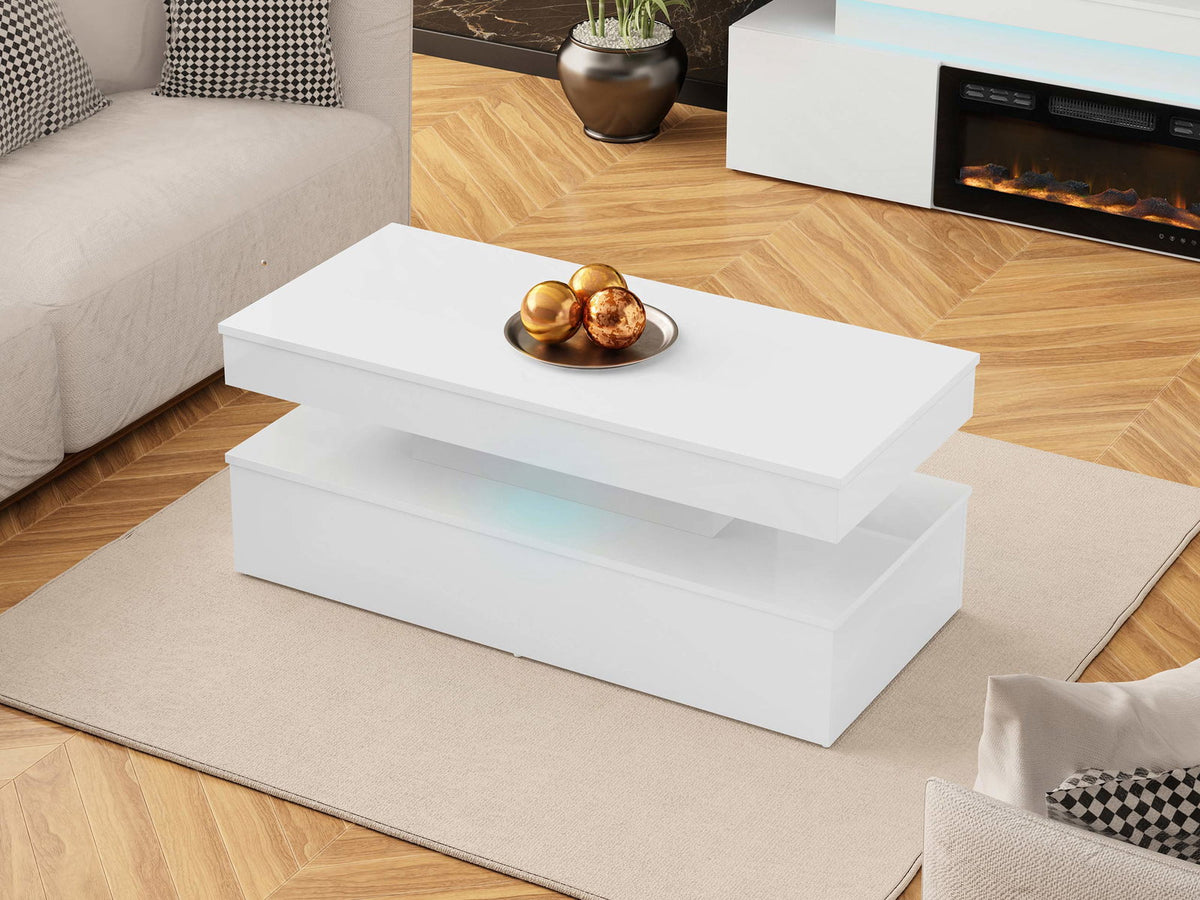 Τραπεζάκι Σαλονιού Glossa 2D με LED Λευκό-Λευκό Γυαλιστερό 120x55x49.6