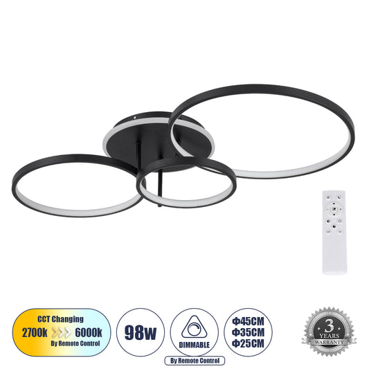 NEMESIS 61108 Μοντέρνο Φωτιστικό Οροφής LED 98W 11858lm 360° AC 220-240V IP20 Ρυθμιζόμενο Λευκό CCT με Χειριστήριο από 2700K έως 6000K Dimmable - Lumileds SMD Chip - Μαύρο Ματ - Μ89 x Π60 x Υ19