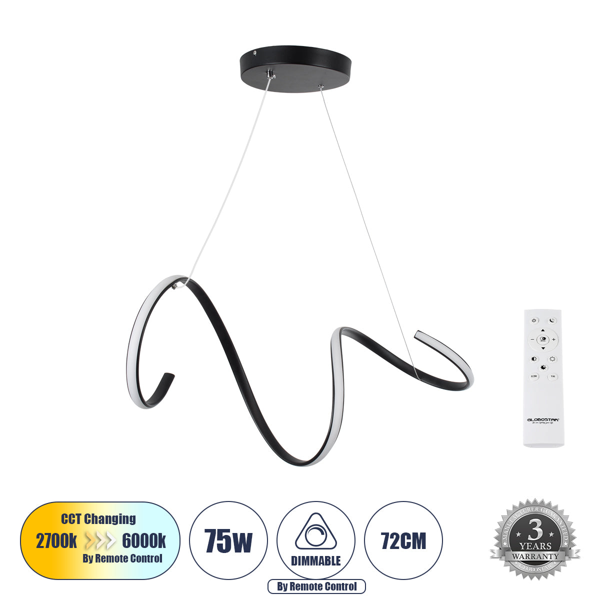 SPIRALE 61283 Κρεμαστό Φωτιστικό Οροφής Design LED CCT 75W 8400lm 300° AC 220-240V - Εναλλαγή Φωτισμού μέσω Τηλεχειριστηρίου All In One Ψυχρό 6000k+Φυσικό 4500k+Θερμό 2700k Dimmable Μ72 x Π25 x Υ30cm - Μαύρο