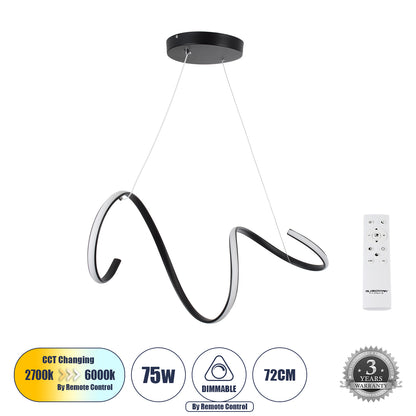 SPIRALE 61283 Κρεμαστό Φωτιστικό Οροφής Design LED CCT 75W 8400lm 300° AC 220-240V - Εναλλαγή Φωτισμού μέσω Τηλεχειριστηρίου All In One Ψυχρό 6000k+Φυσικό 4500k+Θερμό 2700k Dimmable Μ72 x Π25 x Υ30cm - Μαύρο