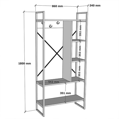 Έπιπλο Εισόδου Feranda με Ράφια Oak με Μαύρο Μεταλλικό Σκελετό 88x34x180