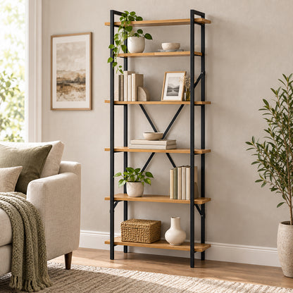 Βιβλιοθήκη Derena Oak με Μαύρο Μέταλλο 60x29x160