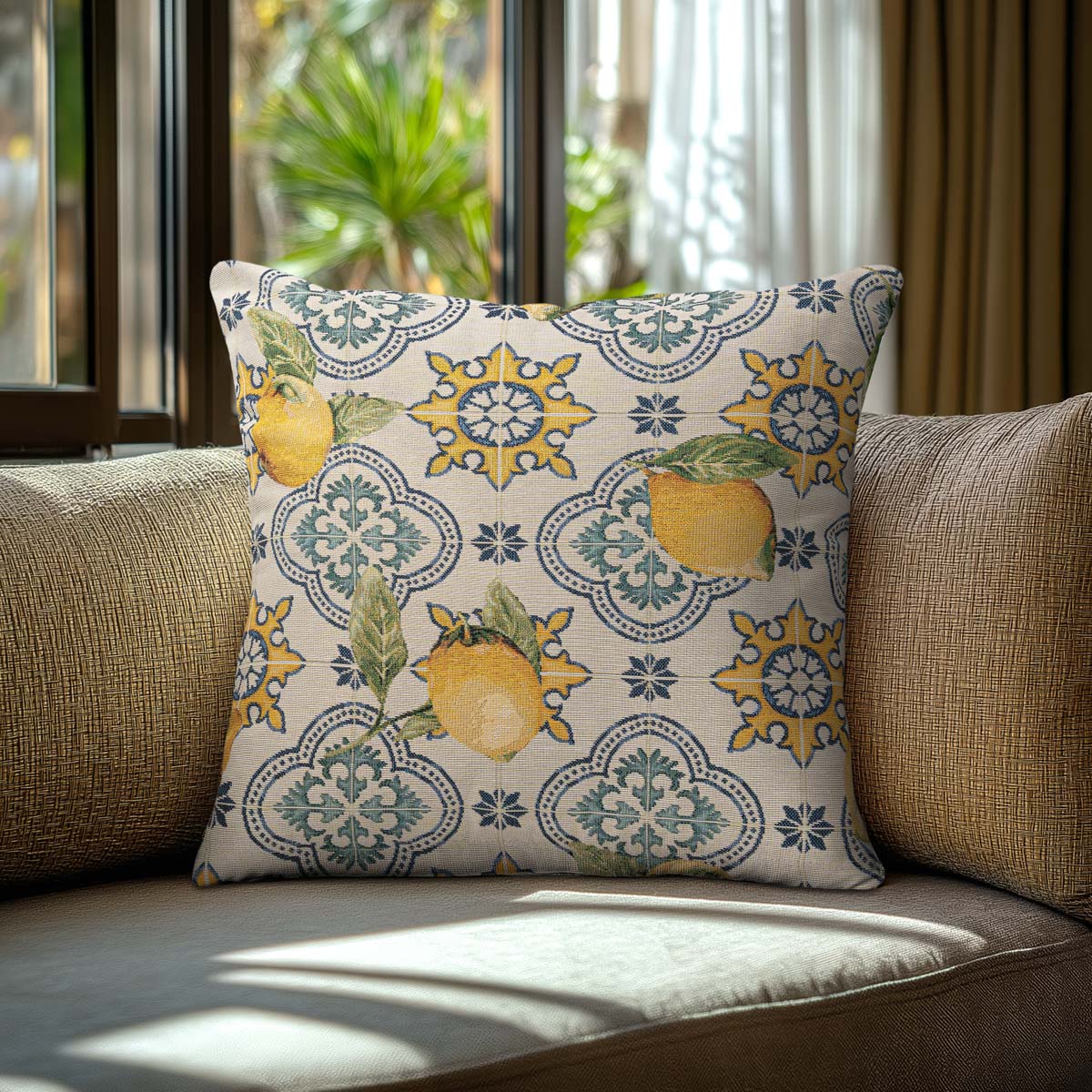 Μαξιλαροθήκη Στόφα Λεμόνια σε Φόντο με Πλακάκια 40x40εκ